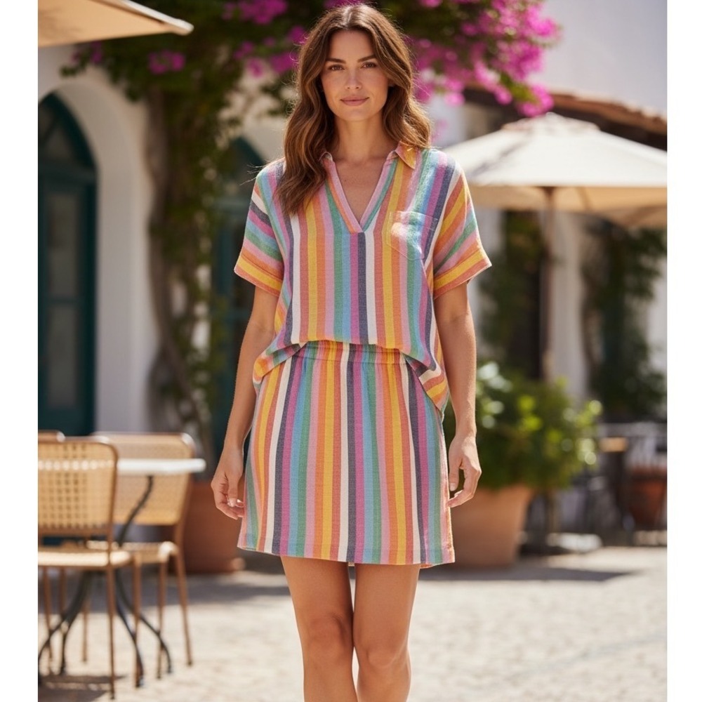 J.Crew Womens Rainbow Striped 100% Linen Top and Skirt Set Girly Fun Bright Med